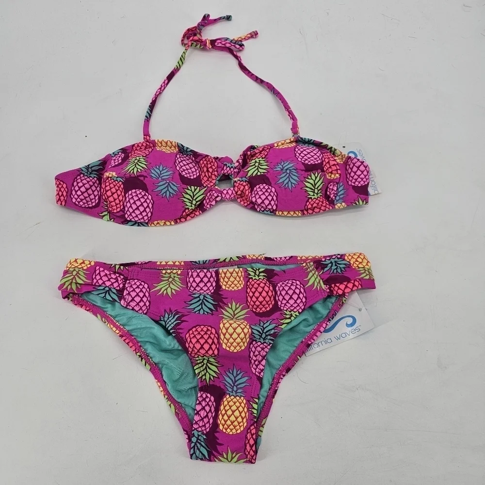 California Waves pink pineapple bandeau bikini women's size small